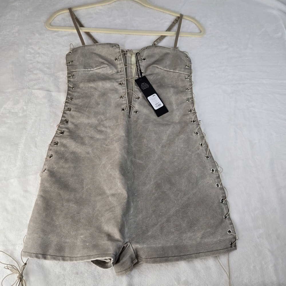 Akira Faux Leather Lace Up Romper Distressed Taupe Metallic Grommet Small NWT